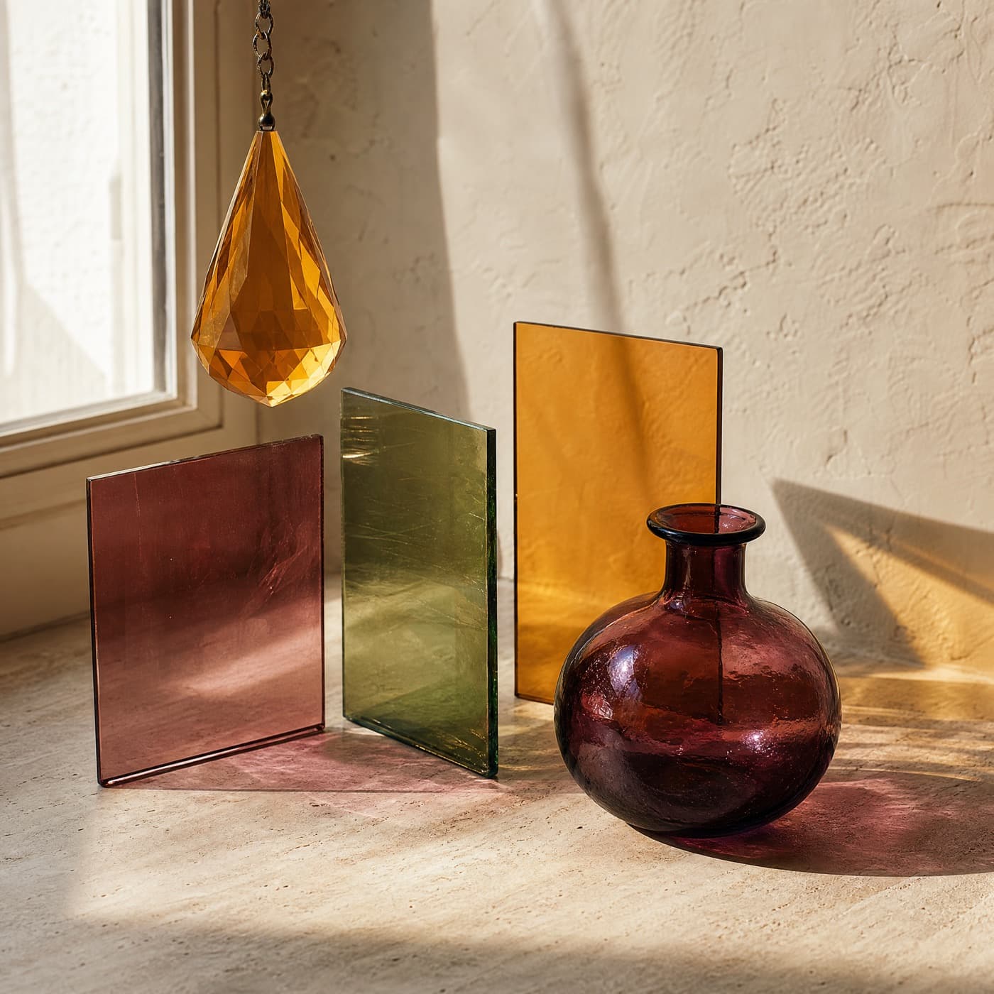 A hanging amber prism, three standing coloured panes and a small vase arranged on a sunlit windowsill.